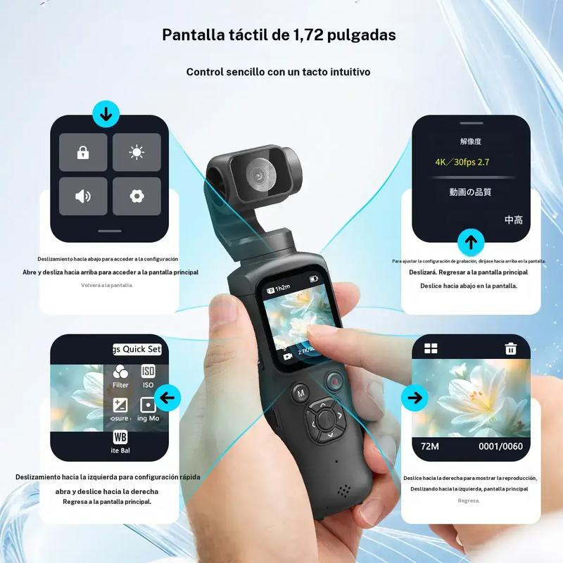 Cámara de vlog de bolsillo con video 4K a 30 fps, seguimiento facial, conexión WiFi, incluye tarjeta de 16 GB y trípode. Ideal para grabación portátil y creación de contenido.