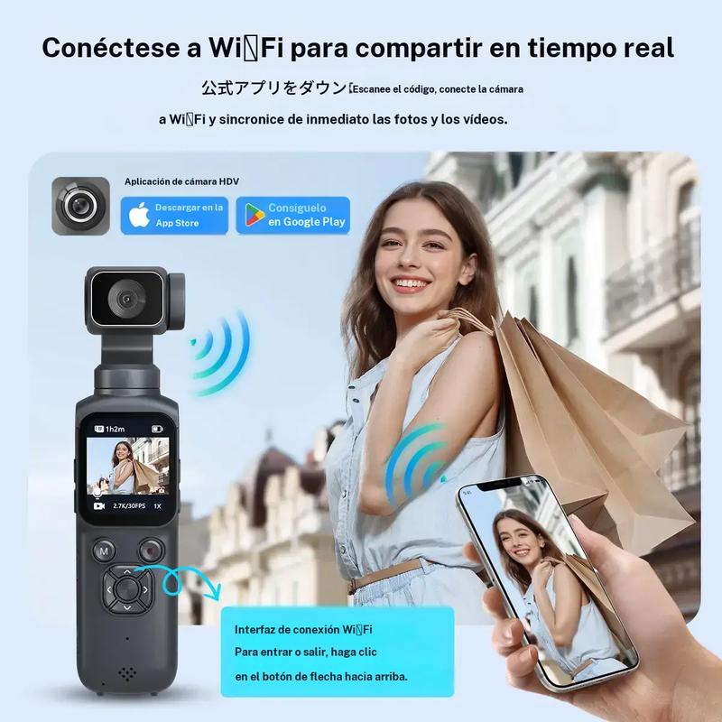 Cámara de vlog de bolsillo con video 4K a 30 fps, seguimiento facial, conexión WiFi, incluye tarjeta de 16 GB y trípode. Ideal para grabación portátil y creación de contenido.