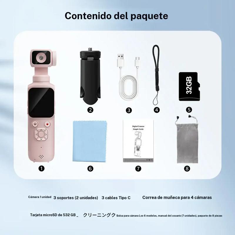 Cámara de vlog de bolsillo con video 4K a 30 fps, seguimiento facial, conexión WiFi, incluye tarjeta de 16 GB y trípode. Ideal para grabación portátil y creación de contenido.