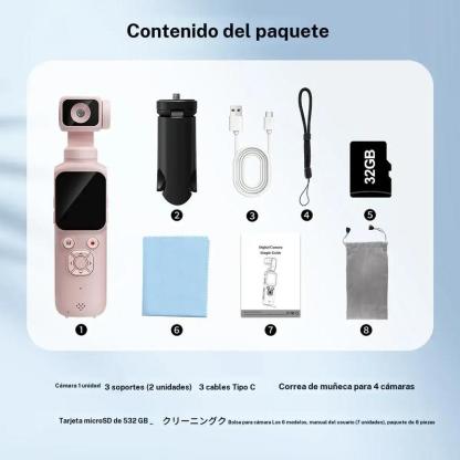 Cámara de vlog de bolsillo con video 4K a 30 fps, seguimiento facial, conexión WiFi, incluye tarjeta de 16 GB y trípode. Ideal para grabación portátil y creación de contenido.