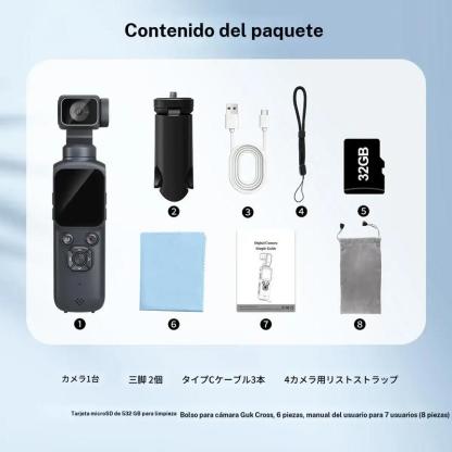 Cámara de vlog de bolsillo con video 4K a 30 fps, seguimiento facial, conexión WiFi, incluye tarjeta de 16 GB y trípode. Ideal para grabación portátil y creación de contenido.