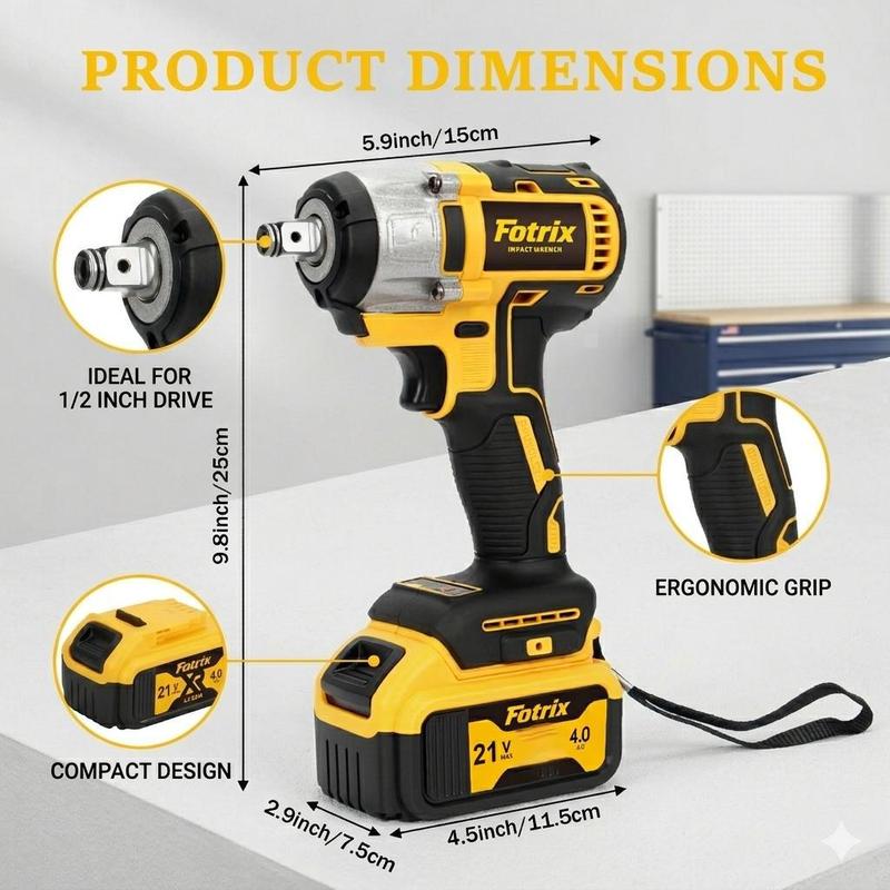 Llave de Impacto Inalámbrica de 1/2", Alto Torque 3 en 1, con Batería de Litio Recargable, Base de Carga, Juego de Dados, Brocas, Luz LED, Ideal para Mecánica Automotriz y Reparaciones