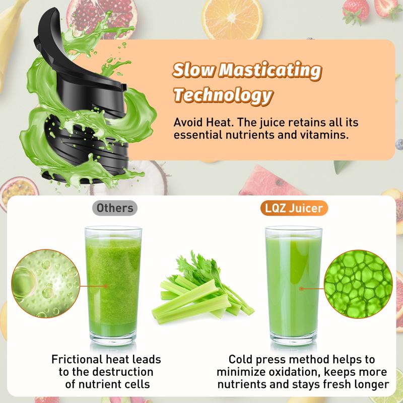 Extractor de jugos de prensado en frío de 350 W, boca extra ancha de 5.4", extracción lenta a 55 RPM, alto rendimiento de jugo, fácil de limpiar, ideal para frutas y verduras enteras.