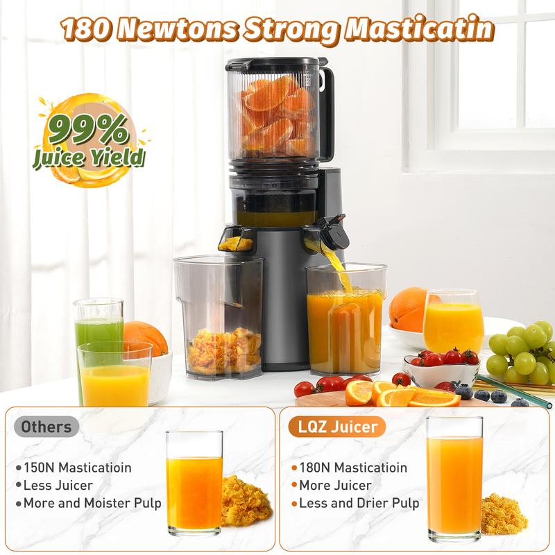 Extractor de jugos de prensado en frío de 350 W, boca extra ancha de 5.4", extracción lenta a 55 RPM, alto rendimiento de jugo, fácil de limpiar, ideal para frutas y verduras enteras.