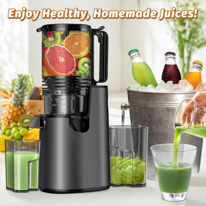 Extractor de jugos de prensado en frío de 350 W, boca extra ancha de 5.4", extracción lenta a 55 RPM, alto rendimiento de jugo, fácil de limpiar, ideal para frutas y verduras enteras.