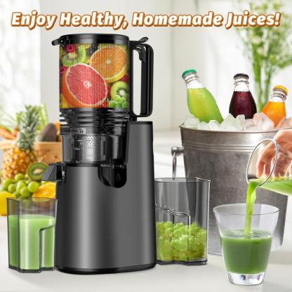 Extractor de jugos de prensado en frío de 350 W, boca extra ancha de 5.4", extracción lenta a 55 RPM, alto rendimiento de jugo, fácil de limpiar, ideal para frutas y verduras enteras.