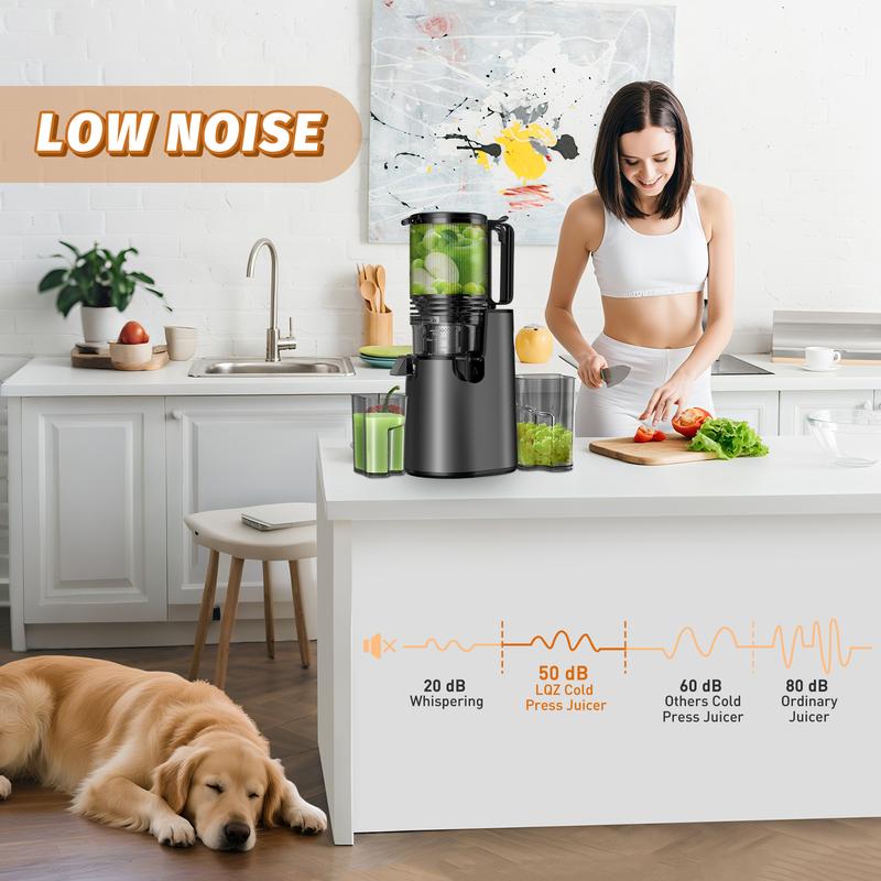 Extractor de jugos de prensado en frío de 350 W, boca extra ancha de 5.4", extracción lenta a 55 RPM, alto rendimiento de jugo, fácil de limpiar, ideal para frutas y verduras enteras.
