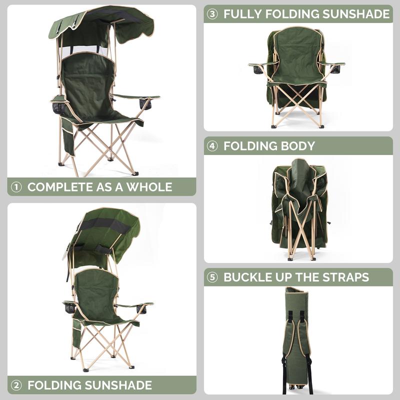 Silla de camping ancha con toldo plegable, diseño cómodo para playa, pesca y actividades al aire libre. Incluye portavasos dobles y bolsa de almacenamiento.