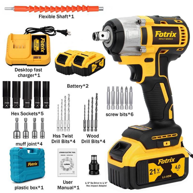 Llave de Impacto Inalámbrica de 1/2", Alto Torque 3 en 1, con Batería de Litio Recargable, Base de Carga, Juego de Dados, Brocas, Luz LED, Ideal para Mecánica Automotriz y Reparaciones