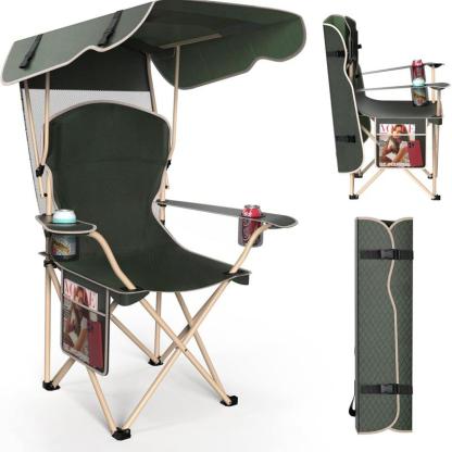 Silla de camping ancha con toldo plegable, diseño cómodo para playa, pesca y actividades al aire libre. Incluye portavasos dobles y bolsa de almacenamiento.
