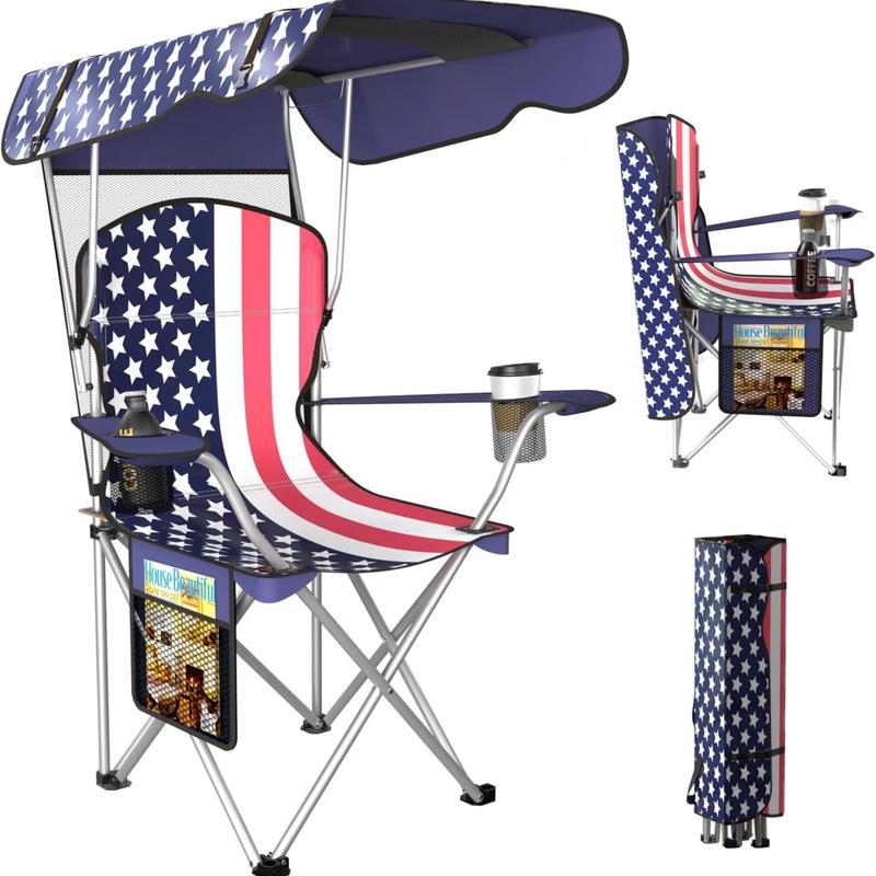 Silla de camping ancha con toldo plegable, diseño cómodo para playa, pesca y actividades al aire libre. Incluye portavasos dobles y bolsa de almacenamiento.