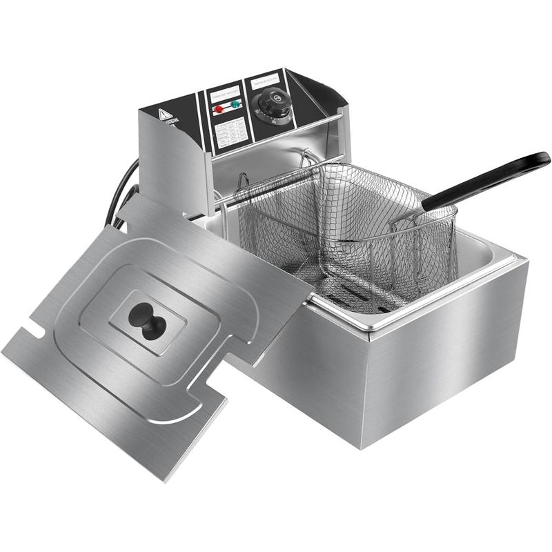 Freidora Eléctrica de 6 L de Acero Inoxidable con Canastilla, 2500 W, 110 V, Tanque Individual, Control de Temperatura y Tapa, Ideal para Hogar y Restaurante