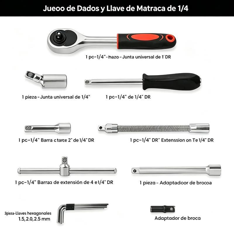 Juego de 46 Herramientas para Reparación Automotriz, Llaves de Vasos, Destornillador de Trinquete, Kit de Herramientas para Autos, Bicicletas, Hogar y Bricolaje con Caja Organizadora