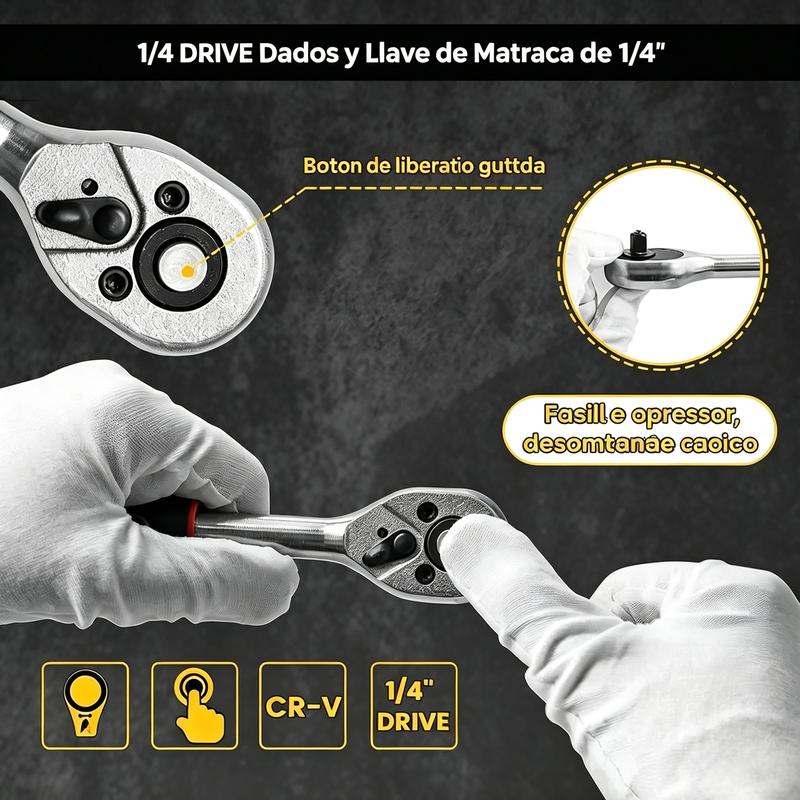 Juego de 46 Herramientas para Reparación Automotriz, Llaves de Vasos, Destornillador de Trinquete, Kit de Herramientas para Autos, Bicicletas, Hogar y Bricolaje con Caja Organizadora