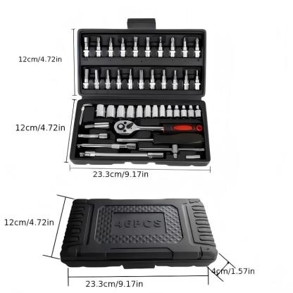 Juego de 46 Herramientas para Reparación Automotriz, Llaves de Vasos, Destornillador de Trinquete, Kit de Herramientas para Autos, Bicicletas, Hogar y Bricolaje con Caja Organizadora