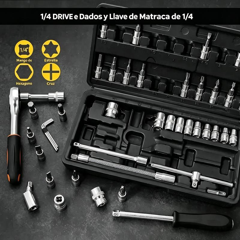 Juego de 46 Herramientas para Reparación Automotriz, Llaves de Vasos, Destornillador de Trinquete, Kit de Herramientas para Autos, Bicicletas, Hogar y Bricolaje con Caja Organizadora
