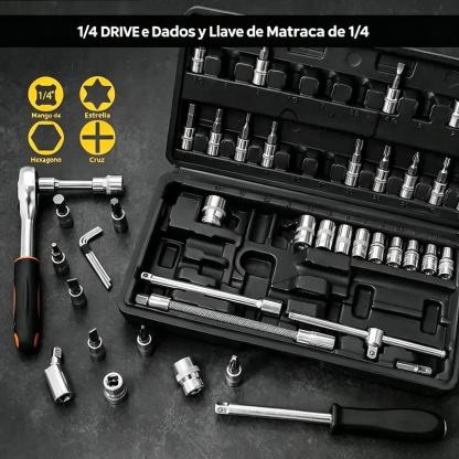 Juego de 46 Herramientas para Reparación Automotriz, Llaves de Vasos, Destornillador de Trinquete, Kit de Herramientas para Autos, Bicicletas, Hogar y Bricolaje con Caja Organizadora
