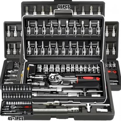 Juego de 46 Herramientas para Reparación Automotriz, Llaves de Vasos, Destornillador de Trinquete, Kit de Herramientas para Autos, Bicicletas, Hogar y Bricolaje con Caja Organizadora