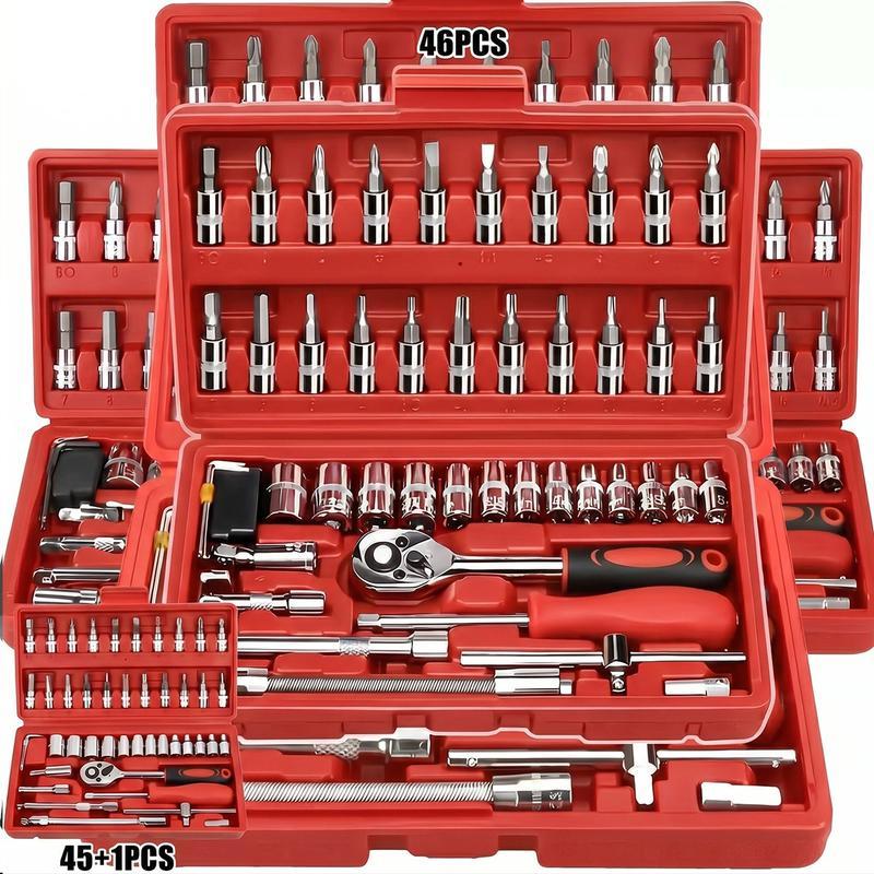 Juego de 46 Herramientas para Reparación Automotriz, Llaves de Vasos, Destornillador de Trinquete, Kit de Herramientas para Autos, Bicicletas, Hogar y Bricolaje con Caja Organizadora