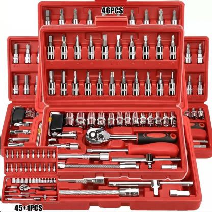 Juego de 46 Herramientas para Reparación Automotriz, Llaves de Vasos, Destornillador de Trinquete, Kit de Herramientas para Autos, Bicicletas, Hogar y Bricolaje con Caja Organizadora
