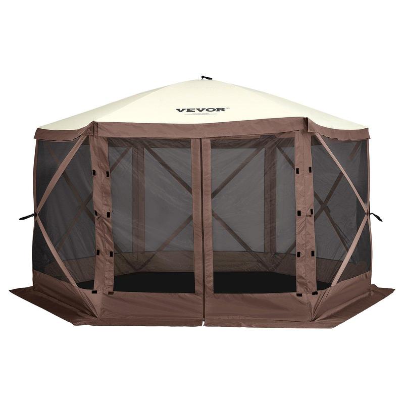 Carpa gazebo para camping 3.6x3.6 m, 6 lados, montaje rápido, con malla, portátil, ideal para jardín, patio y camping. Colores café/beige.