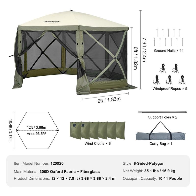 Carpa gazebo para camping 3.6x3.6 m, 6 lados, montaje rápido, con malla, portátil, ideal para jardín, patio y camping. Colores café/beige.