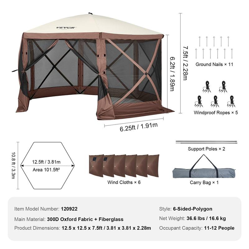 Carpa gazebo para camping 3.6x3.6 m, 6 lados, montaje rápido, con malla, portátil, ideal para jardín, patio y camping. Colores café/beige.