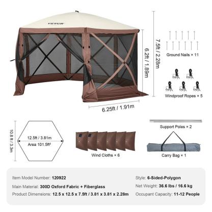 Carpa gazebo para camping 3.6x3.6 m, 6 lados, montaje rápido, con malla, portátil, ideal para jardín, patio y camping. Colores café/beige.