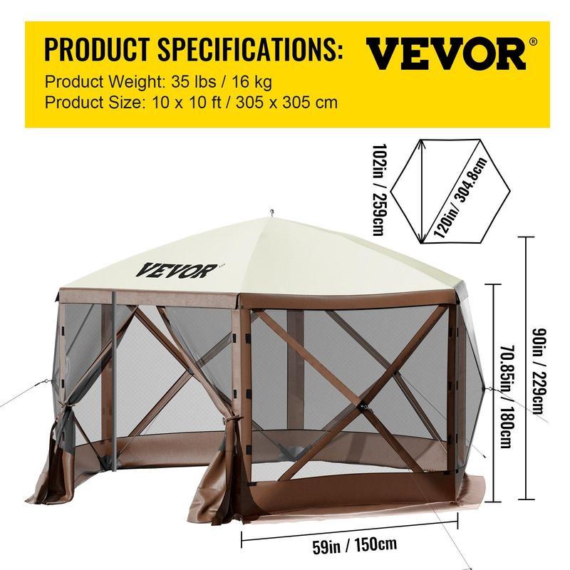 Carpa gazebo para camping 3.6x3.6 m, 6 lados, montaje rápido, con malla, portátil, ideal para jardín, patio y camping. Colores café/beige.