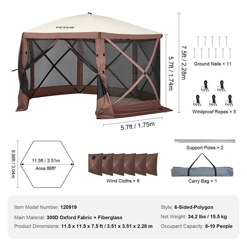 Carpa gazebo para camping 3.6x3.6 m, 6 lados, montaje rápido, con malla, portátil, ideal para jardín, patio y camping. Colores café/beige.