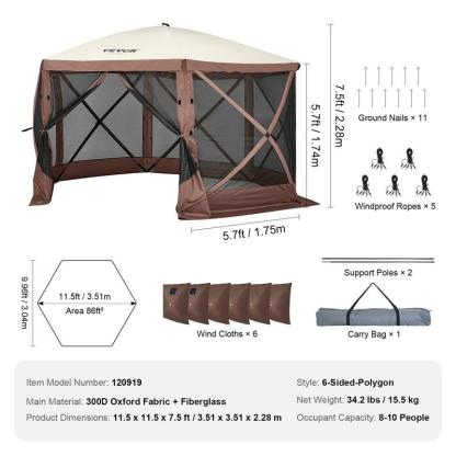 Carpa gazebo para camping 3.6x3.6 m, 6 lados, montaje rápido, con malla, portátil, ideal para jardín, patio y camping. Colores café/beige.