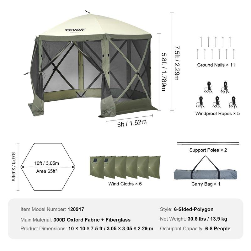 Carpa gazebo para camping 3.6x3.6 m, 6 lados, montaje rápido, con malla, portátil, ideal para jardín, patio y camping. Colores café/beige.