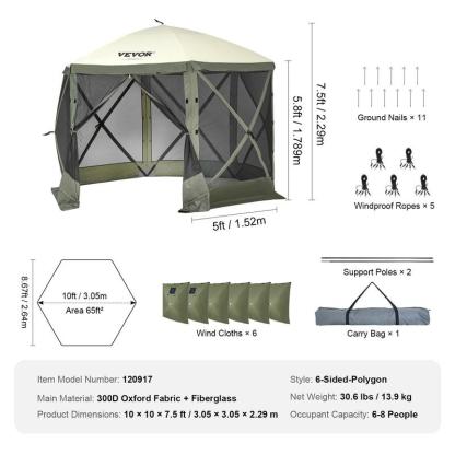 Carpa gazebo para camping 3.6x3.6 m, 6 lados, montaje rápido, con malla, portátil, ideal para jardín, patio y camping. Colores café/beige.