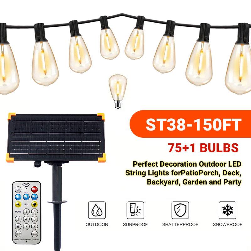 Luces solares tipo guirnalda ST38 con focos Edison irrompibles, resistentes al agua, luz cálida 2700K, 8 modos, para jardín, patio, fiestas y decoración navideña, estilo verano.