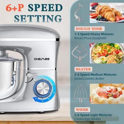 Batidora de cocina eléctrica de 660W, 6+ velocidades + función pulso, tazón de acero inoxidable de 6.5QT, incluye gancho para masa, batidor de varillas y mezclador plano, ideal para cocina en casa.
