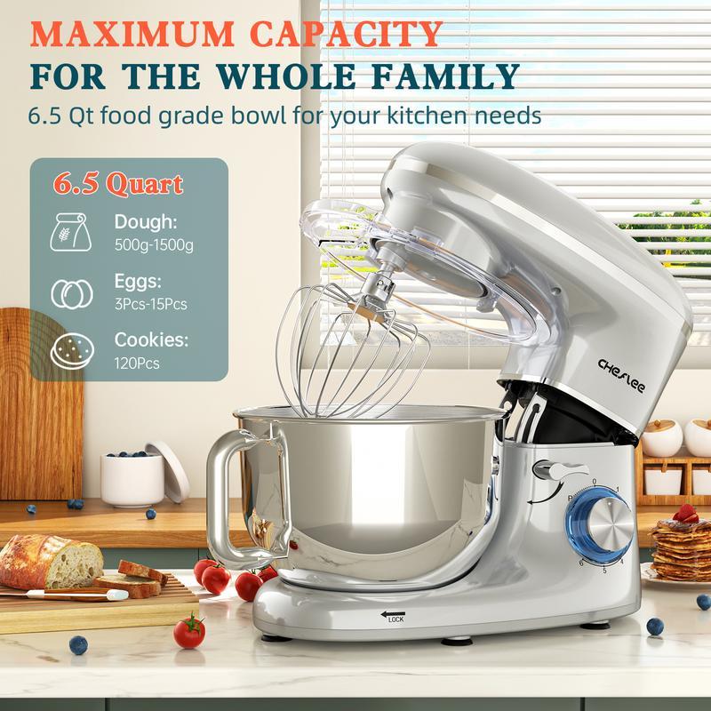 Batidora de cocina eléctrica de 660W, 6+ velocidades + función pulso, tazón de acero inoxidable de 6.5QT, incluye gancho para masa, batidor de varillas y mezclador plano, ideal para cocina en casa.