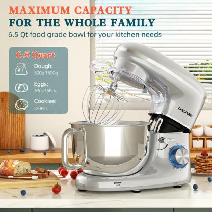 Batidora de cocina eléctrica de 660W, 6+ velocidades + función pulso, tazón de acero inoxidable de 6.5QT, incluye gancho para masa, batidor de varillas y mezclador plano, ideal para cocina en casa.