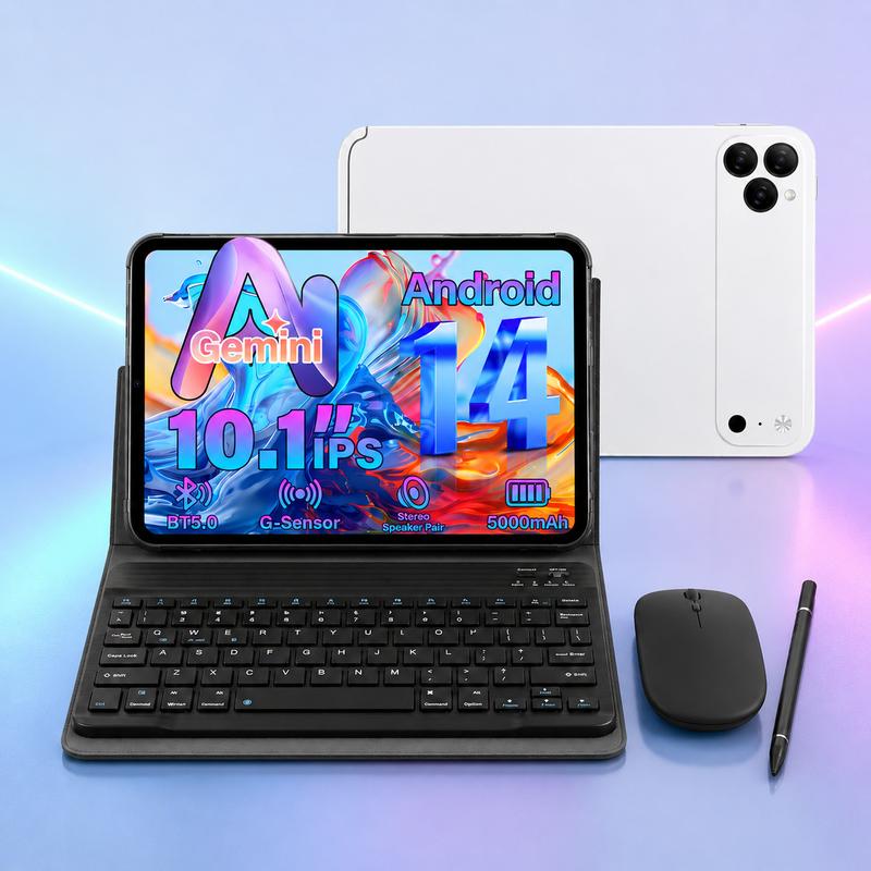 Tablet Android de 10.1", 8GB + 256GB, admite memoria expandible, incluye teclado, mouse y lápiz táctil, ideal para clases, apuntes, streaming y uso diario.