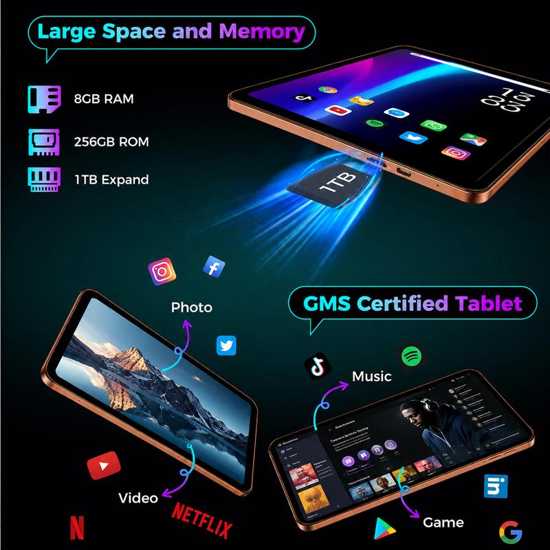 Tablet Android de 10.1", 8GB + 256GB, admite memoria expandible, incluye teclado, mouse y lápiz táctil, ideal para clases, apuntes, streaming y uso diario.