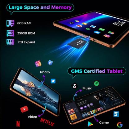 Tablet Android de 10.1", 8GB + 256GB, admite memoria expandible, incluye teclado, mouse y lápiz táctil, ideal para clases, apuntes, streaming y uso diario.