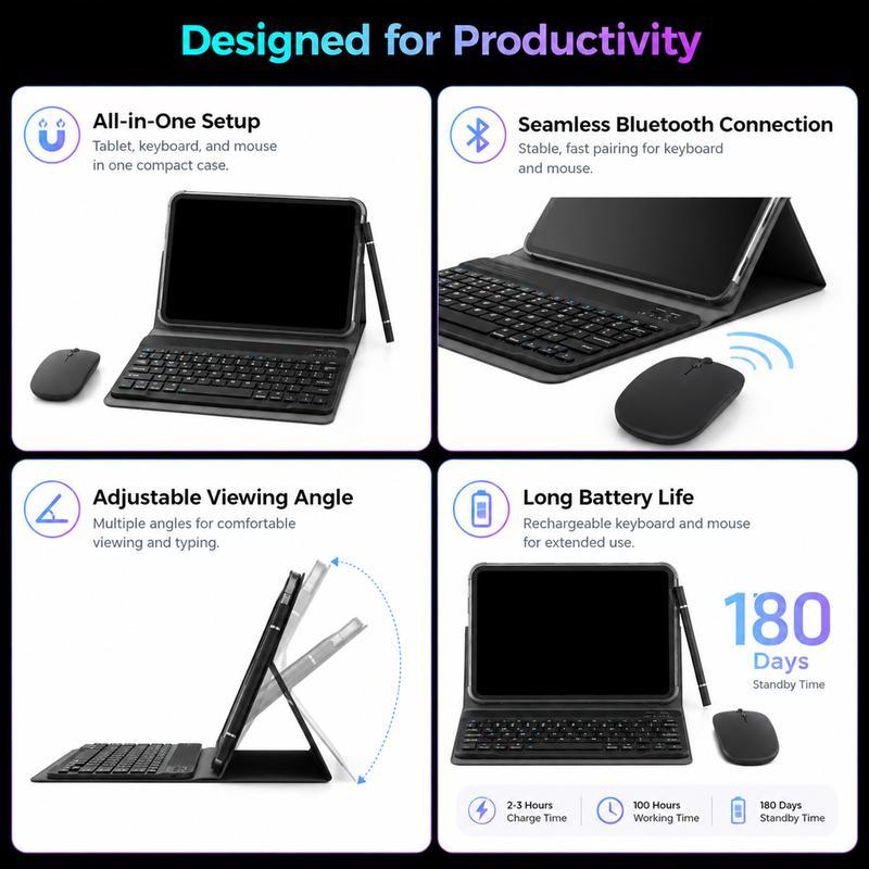 Tablet Android de 10.1", 8GB + 256GB, admite memoria expandible, incluye teclado, mouse y lápiz táctil, ideal para clases, apuntes, streaming y uso diario.