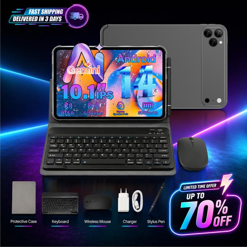 Tablet Android de 10.1", 8GB + 256GB, admite memoria expandible, incluye teclado, mouse y lápiz táctil, ideal para clases, apuntes, streaming y uso diario.