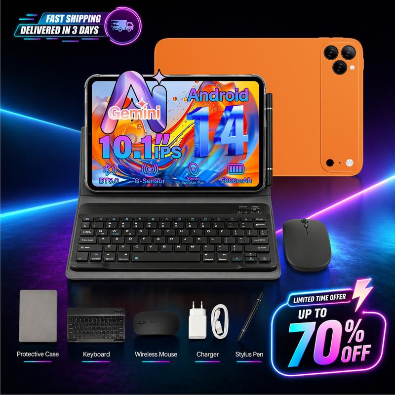 Tablet Android de 10.1", 8GB + 256GB, admite memoria expandible, incluye teclado, mouse y lápiz táctil, ideal para clases, apuntes, streaming y uso diario.