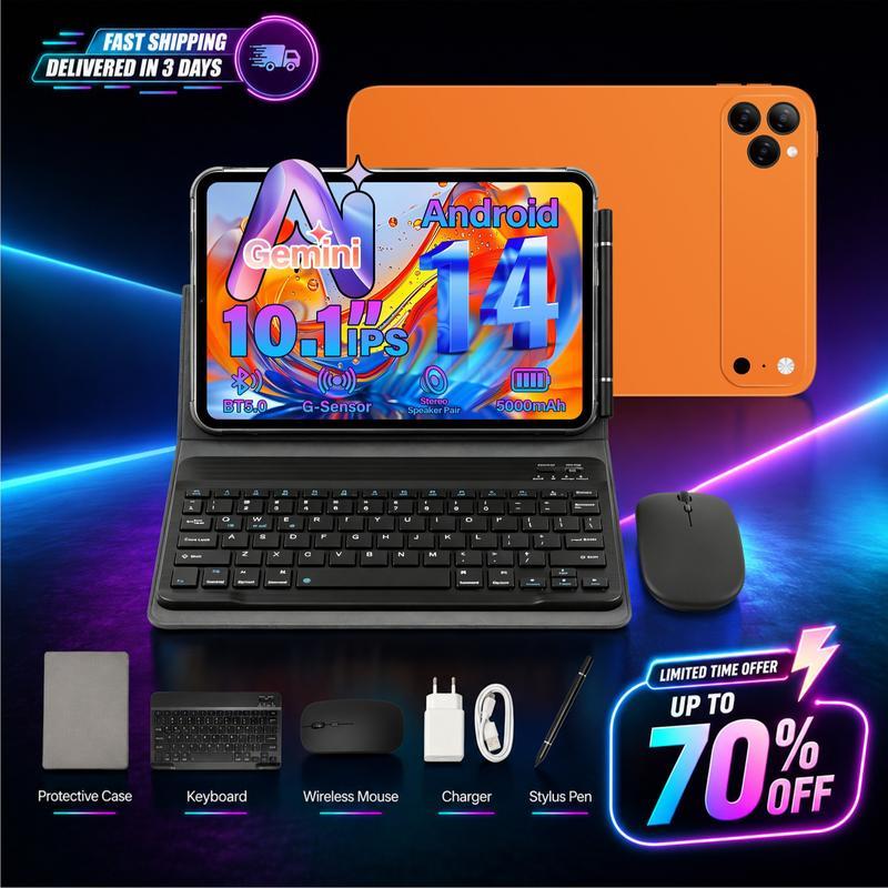 Tablet Android de 10.1", 8GB + 256GB, admite memoria expandible, incluye teclado, mouse y lápiz táctil, ideal para clases, apuntes, streaming y uso diario.