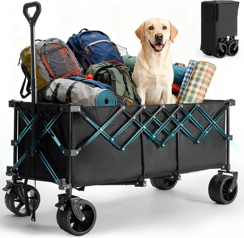 Carrito plegable de acero para jardín, capacidad de 300 L y hasta 180 kg, ruedas de 7", ideal para camping, jardinería y uso al aire libre. Disponible en negro, azul y gris.
