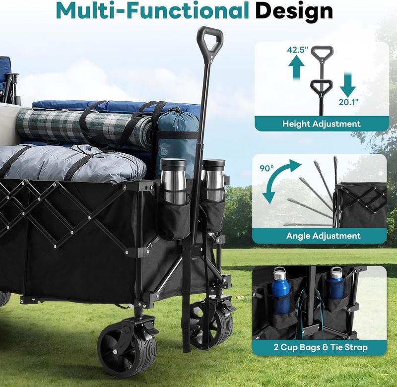 Carrito plegable de acero para jardín, capacidad de 300 L y hasta 180 kg, ruedas de 7", ideal para camping, jardinería y uso al aire libre. Disponible en negro, azul y gris.