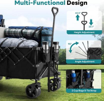 Carrito plegable de acero para jardín, capacidad de 300 L y hasta 180 kg, ruedas de 7", ideal para camping, jardinería y uso al aire libre. Disponible en negro, azul y gris.