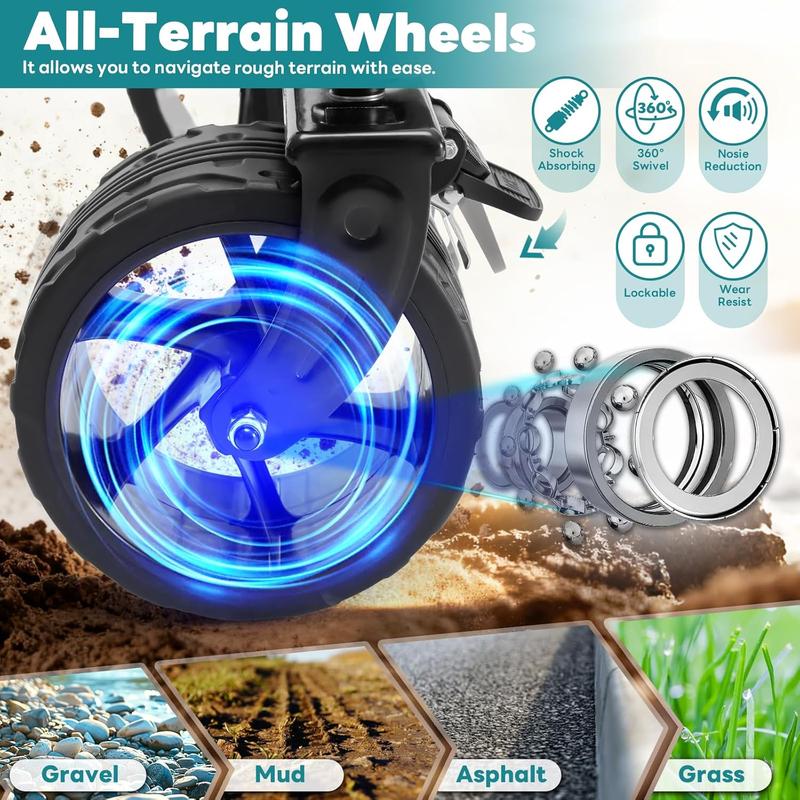 Carrito plegable de acero para jardín, capacidad de 300 L y hasta 180 kg, ruedas de 7", ideal para camping, jardinería y uso al aire libre. Disponible en negro, azul y gris.