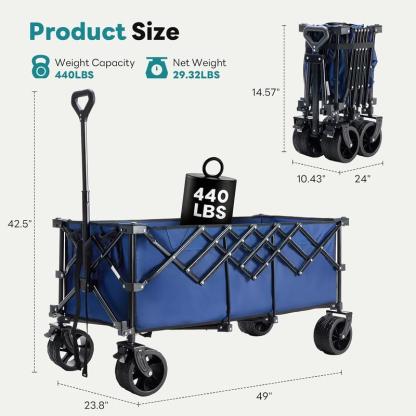 Carrito plegable de acero para jardín, capacidad de 300 L y hasta 180 kg, ruedas de 7", ideal para camping, jardinería y uso al aire libre. Disponible en negro, azul y gris.