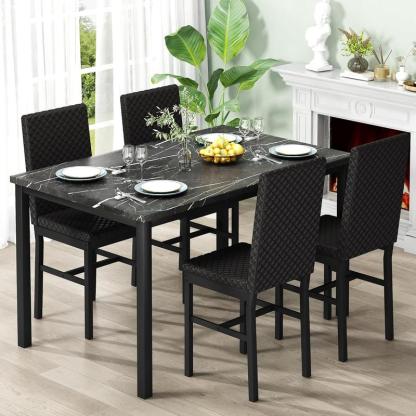 Juego de comedor para 4 personas, mesa con acabado tipo mármol de 120 × 70 cm, incluye 4 sillas modernas tapizadas en terciopelo con diseño ergonómico, ideal para comedor y cocina.
